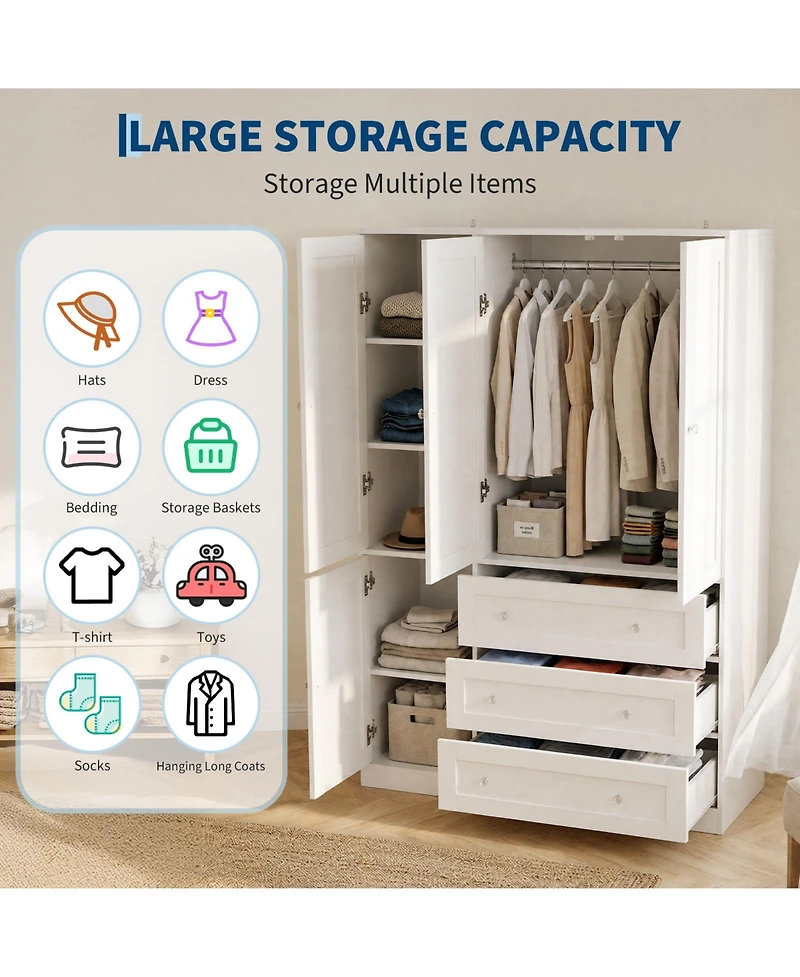 gaomon Wooden Armoire Wardrobe Closet, 71''H Large Clothing Storage Cabinet with Handing Rod and 3 Drawers, Armoire Clothes Organizer for Bedroom
