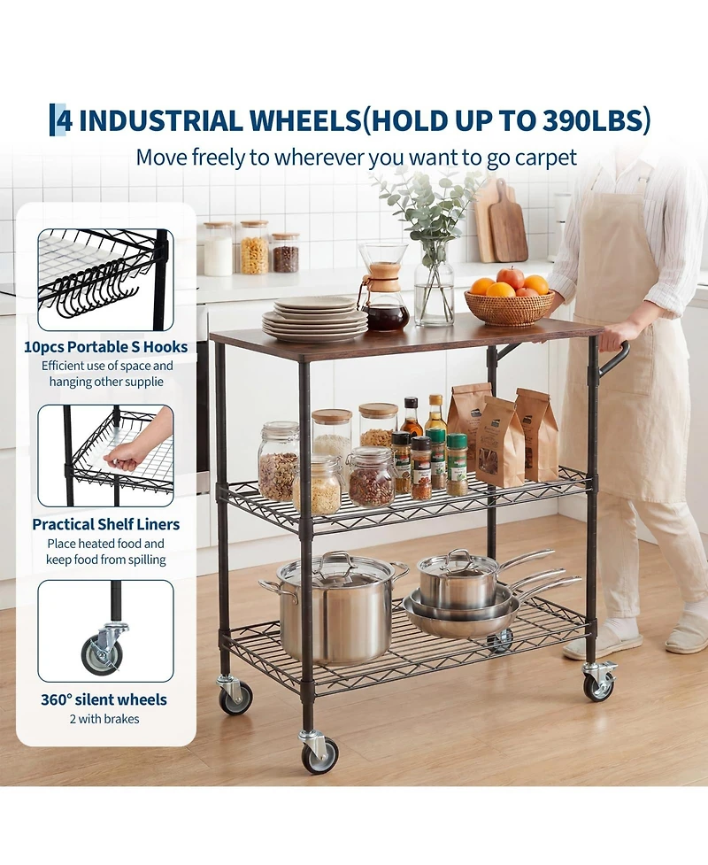 gaomon 35" Rolling Kitchen Cart with Wood Top, 3 Tier Metal Shelf Serving on Wheels 10 Hooks and Lockable Casters, Utility