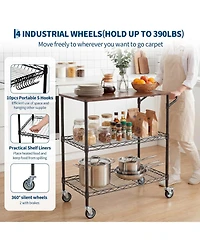 gaomon 35" Rolling Kitchen Cart with Wood Top, 3 Tier Metal Shelf Serving on Wheels 10 Hooks and Lockable Casters, Utility