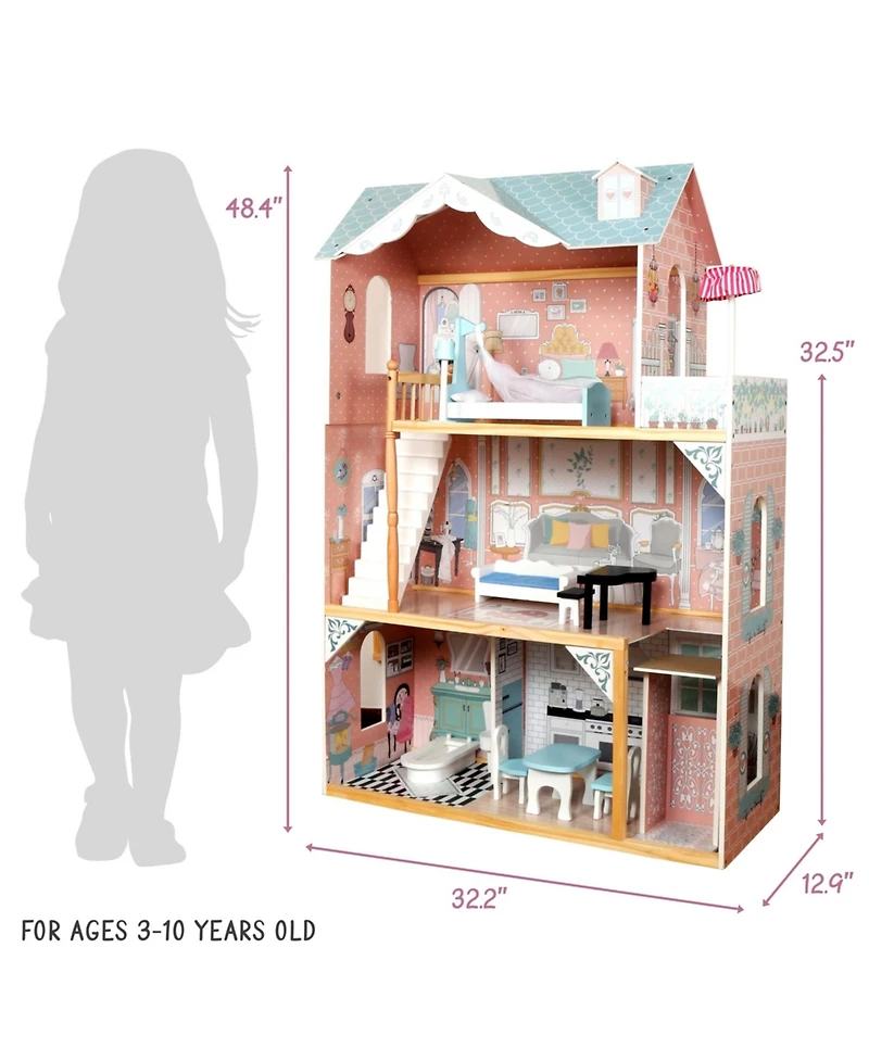 Lil' Jumbl X-Large Wooden Dollhouse, 3 Story Doll House Set w/Elevator, Stairs and Accessories