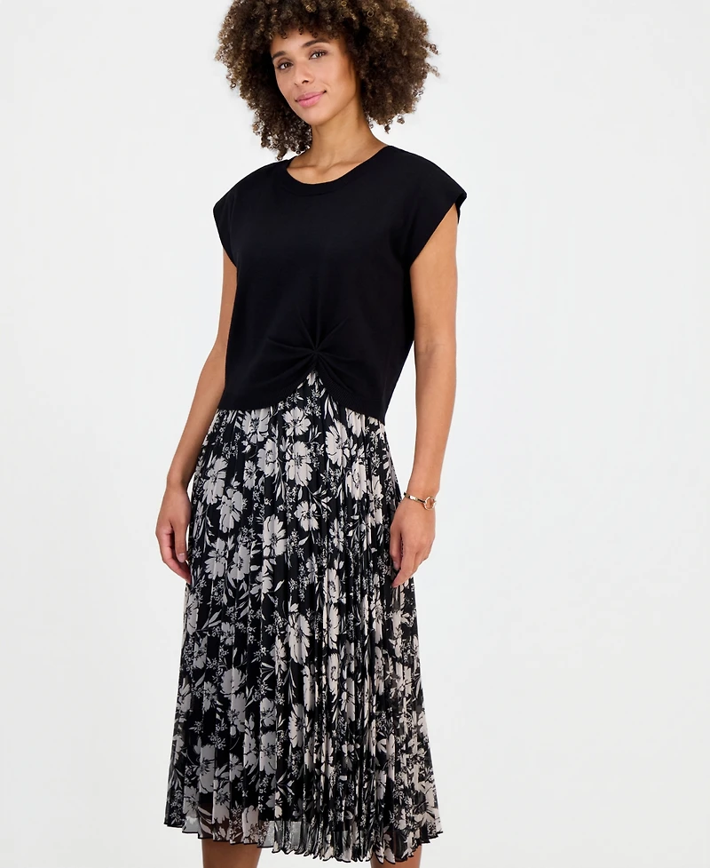Robbie Bee Women's Floral-Print Pleated A-Line Midi Dress