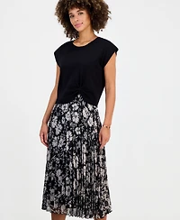 Robbie Bee Women's Floral-Print Pleated A-Line Midi Dress