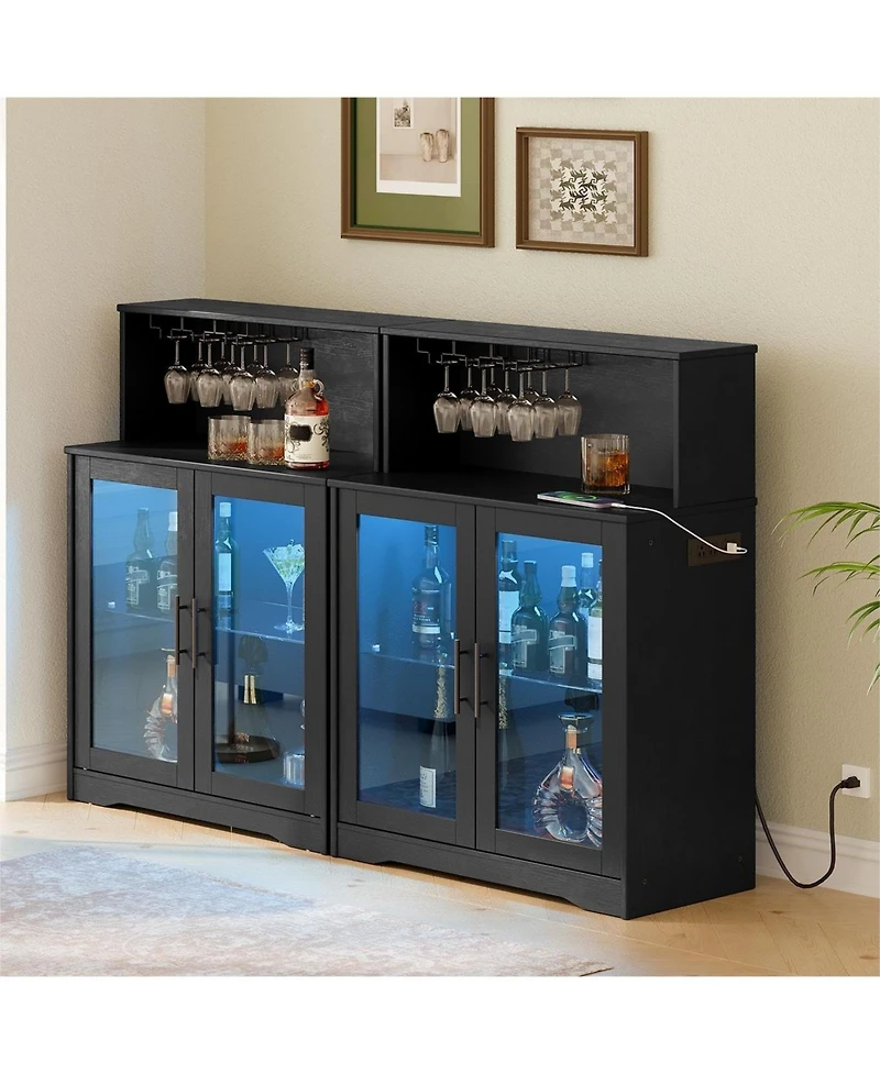 Slickblue Modern Bar Cabinet with Wine Glass Holder, Led Light and Power Outlet