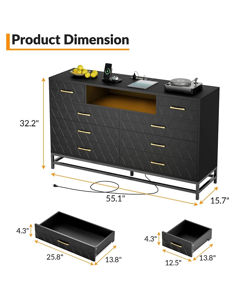 homfan 8 Drawer Dresser with Charging Station and Led Lights, Diamond-Panel Drawers and Open Compartments, Bedroom or Media Console Storage