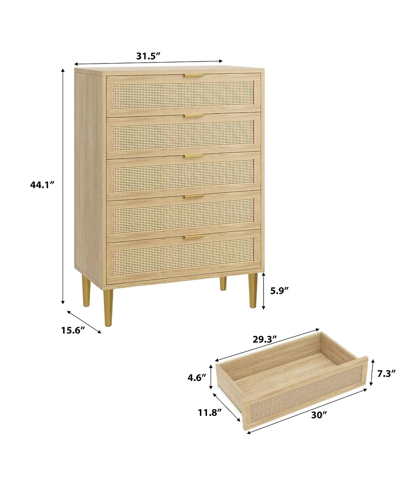 homfan Rattan Front Dresser With Smooth-Glide Drawers And Wide Top, Modern Boho Storage Chest For Bedroom, Hallway Or Living Room, Easy Assembly
