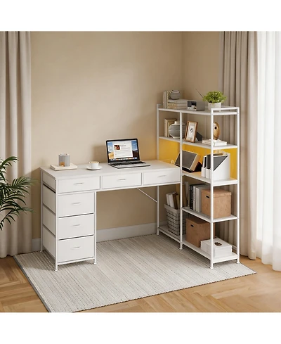 homfan Reversible L-Shaped Desk with Built-in Charging Station, Rgb Led Gaming Workstation with Fabric Drawers and Cpu Holder, Home Office Desk