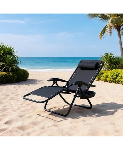 homfan 2 Piece 42-Inch Lounge Chairs with Cup Holder. Metal Frame Outdoor Recliner Set for Patio Garden. Textilene Fabric