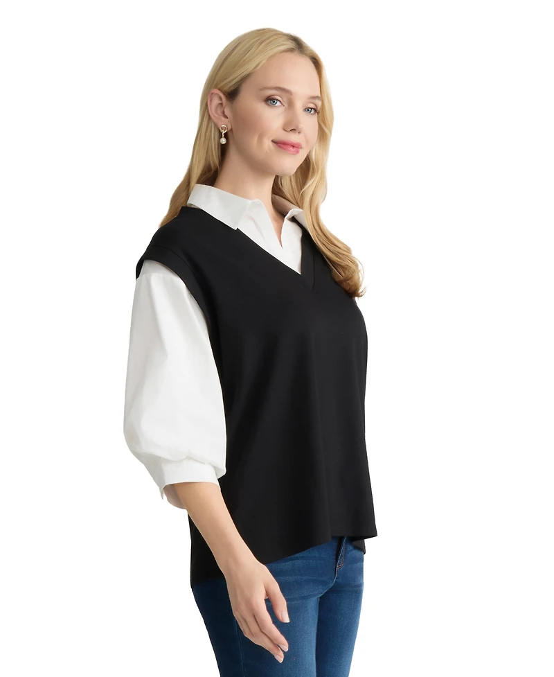 Jones New York Petite Collared 3/4-Length Sleeve Top