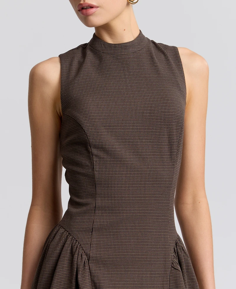 Avec Les Filles Women's Stretch Plaid Mock Neck Flounce Mini Dress