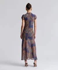 Avec Les Filles Women's Scoop Neck Tie Detail Godet Maxi Dress