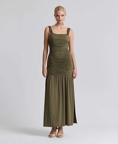 Avec Les Filles Women's Shirred Mesh Drop Waist Maxi Dress