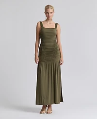 Avec Les Filles Women's Shirred Mesh Drop Waist Maxi Dress