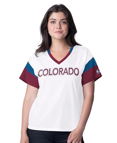 G-iii 4Her by Carl Banks Women's White Colorado Avalanche Rink Oversized Rhinestone V-Neck T-Shirt