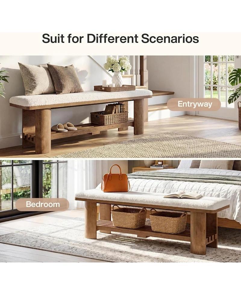 Tribesigns End of Bed Bench with Faux Lamb Wool Cushion for Bedroom, 62.9-Inch Wooden Upholstered Storage Bedroom Bench with Shoe Rack