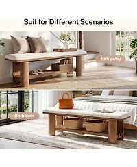 Tribesigns End of Bed Bench with Faux Lamb Wool Cushion for Bedroom, 62.9-Inch Wooden Upholstered Storage Bedroom Bench with Shoe Rack