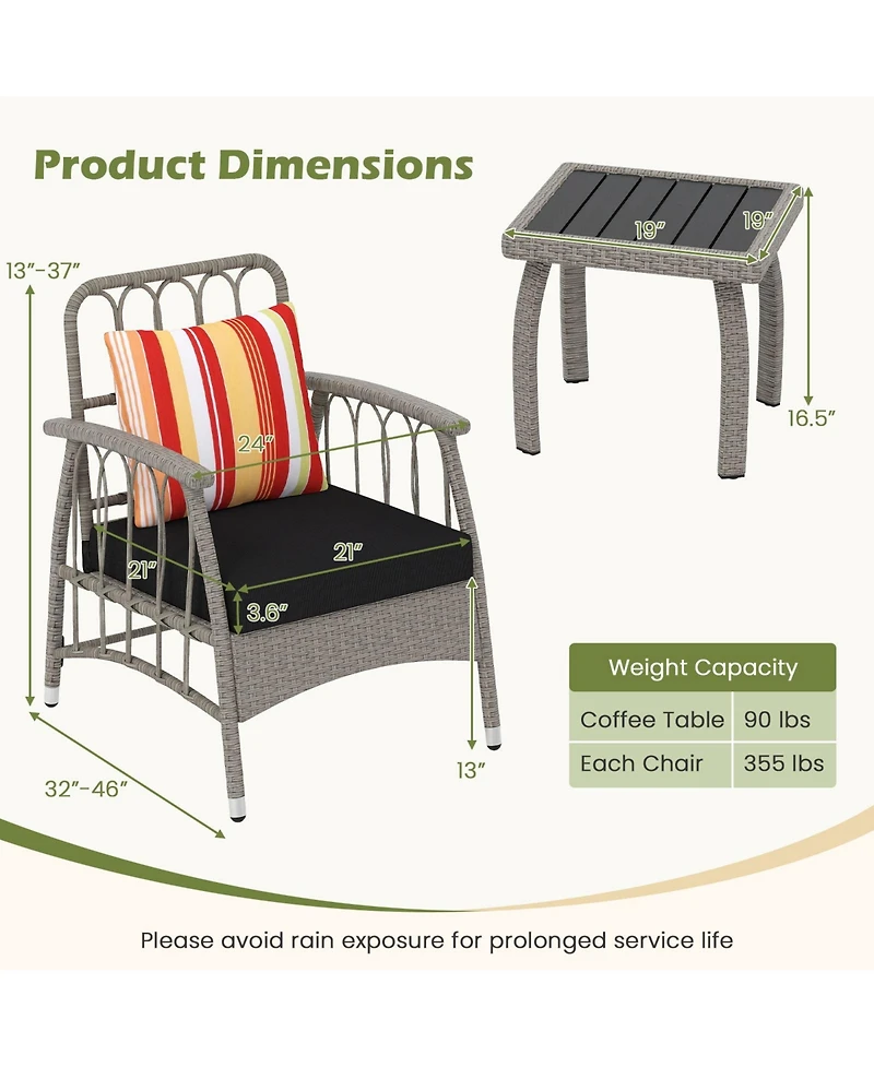 Costway 3 Piece Patio Pe Wicker Furniture Set with 5-Level Adjustable Backrest Bistro Set