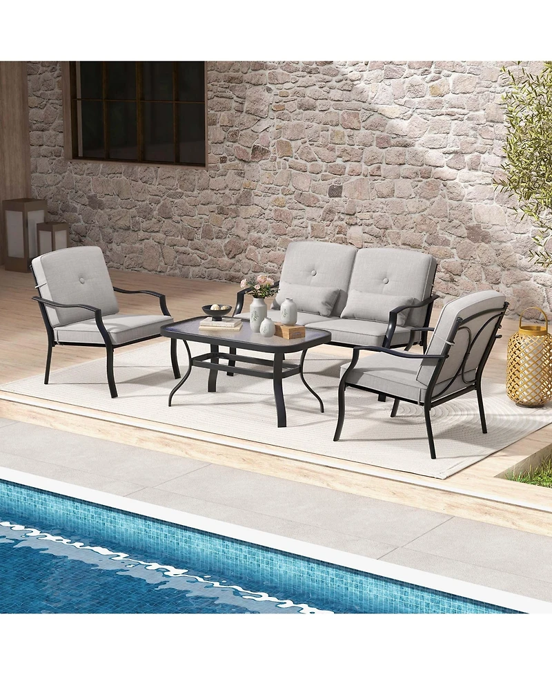 Costway 4 Piece Patio Furniture Set Outdoor Conversation Sofa Tempered Glass Coffee Table