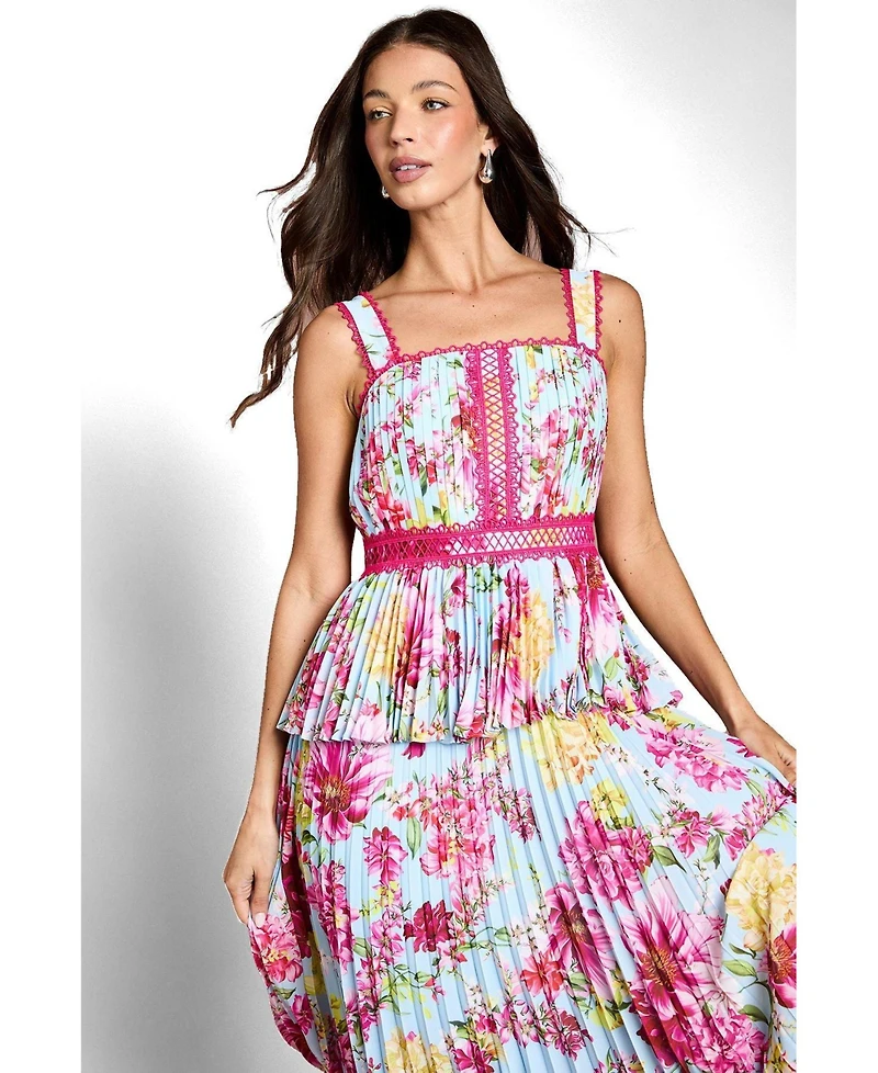 Coast Women's Pleated Floral Square Neck Midi Dress