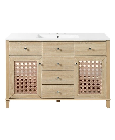 Phying 48 Inch Natural Rattan Bathroom Vanity Solid Wood Frame Bathroom Storage Cabinet with 5 Drawers 2 Rattan Cabinet Doors and Premium Ceramic Sink