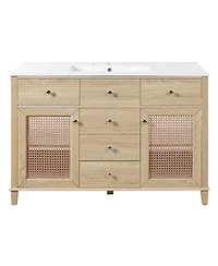Phying 48 Inch Natural Rattan Bathroom Vanity Solid Wood Frame Bathroom Storage Cabinet with 5 Drawers 2 Rattan Cabinet Doors and Premium Ceramic Sink