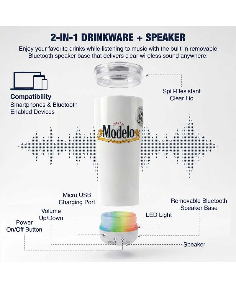 Modelo 16oz Stainless Steel Tumbler with Removeable Led Light Waterproof Bluetooth Speaker