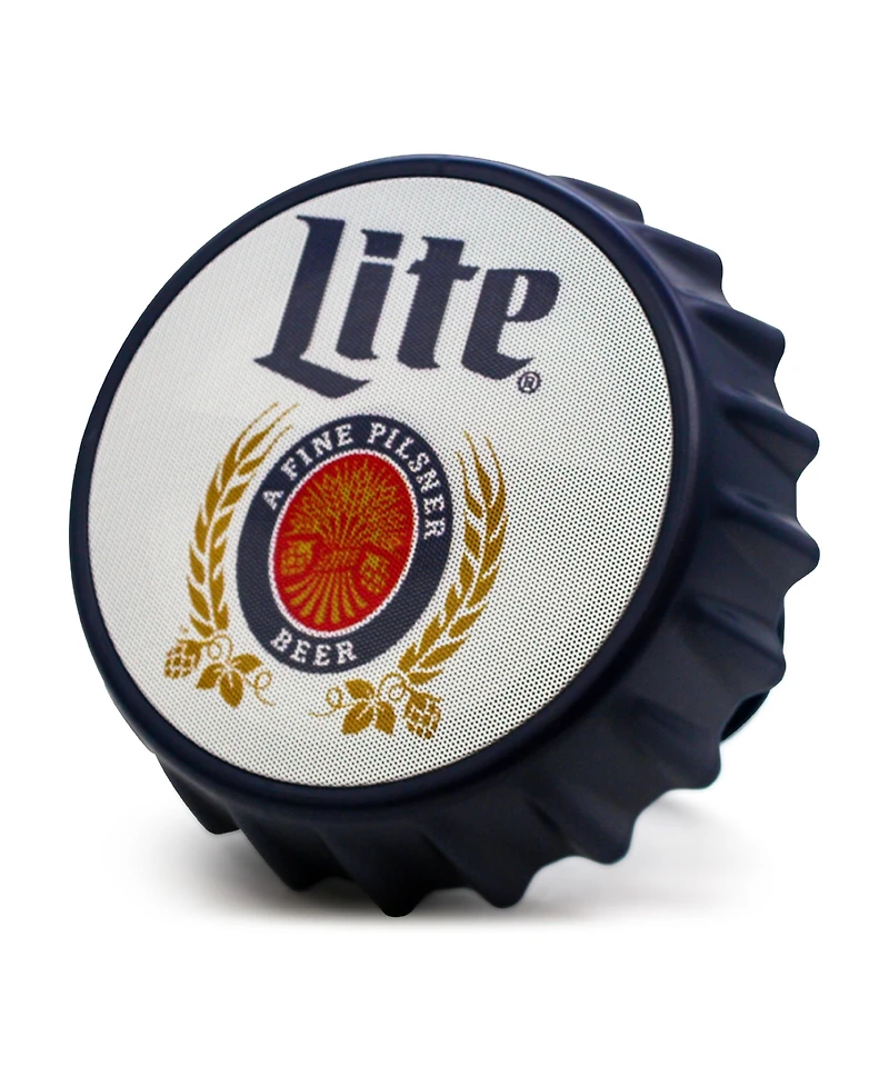 Miller Lite Bluetooth Bottle Cap Speaker with Led Lights, Fm Radio, Kickstand, and Wall Mount