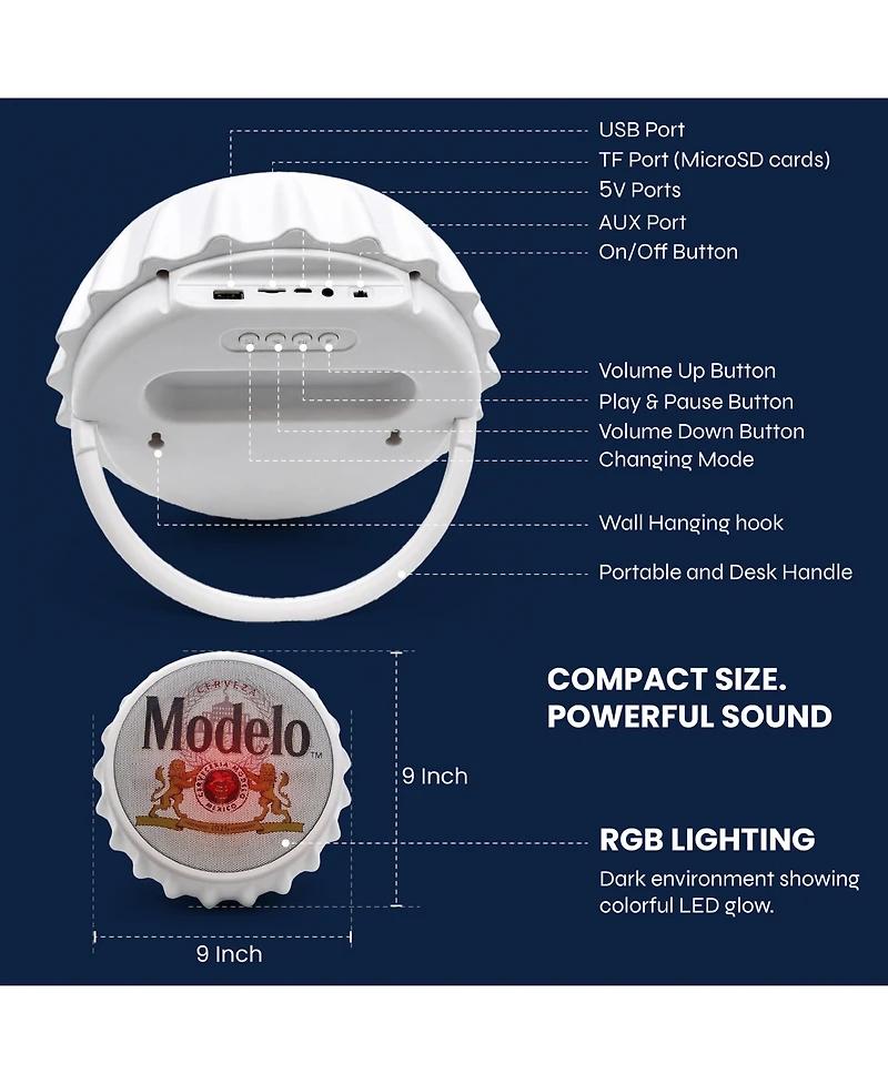 Modelo Bluetooth Bottle Cap Speaker with Led Lights, Fm Radio, Kickstand, and Wall Mount