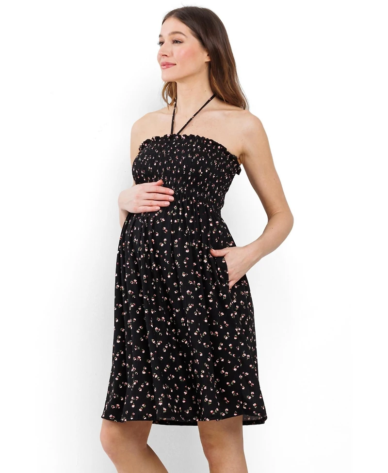 Hello Miz Maternity Floral Smocked Halter Dress with Pockets