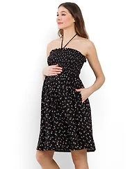 Hello Miz Maternity Floral Smocked Halter Dress with Pockets