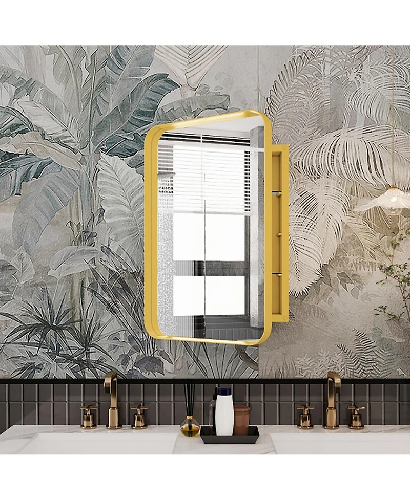 Phying 16 x 24 Inch Recessed Medicine Cabinet Metal Framed Wall Mirror Cabinet with Adjustable Shelves Multipurpose Wall Mounted Storage Mirror