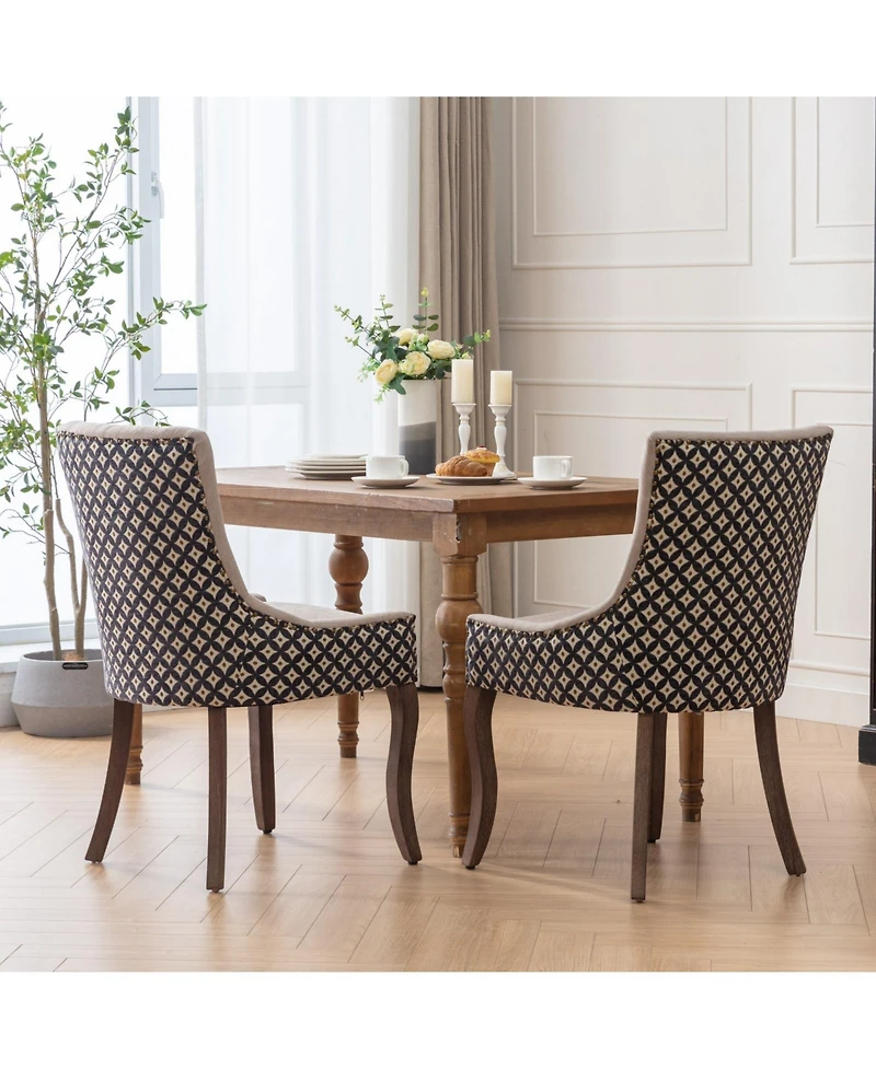 Clihome Furniture, Ultra Side Dining Chair, Thickened fabric chairs with neutrally toned solid wood legs, Bronze nail head, Set of 2
