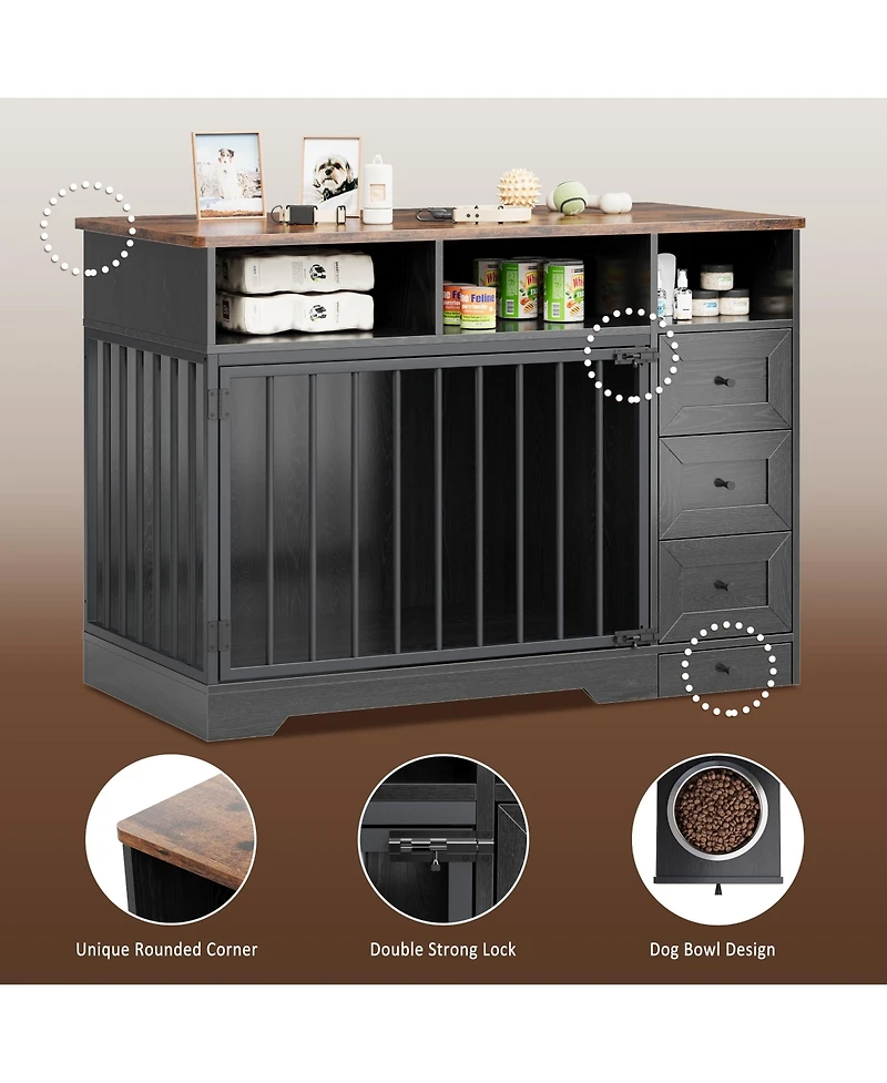 homfan Dog Crate Tv Stand, Farmhouse Media Console with Storage Drawers and Pet Bowl, Heavy Duty Indoor Kennel Table for Small Medium Dogs