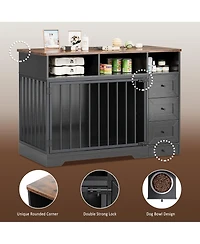 homfan Dog Crate Tv Stand, Farmhouse Media Console with Storage Drawers and Pet Bowl, Heavy Duty Indoor Kennel Table for Small Medium Dogs