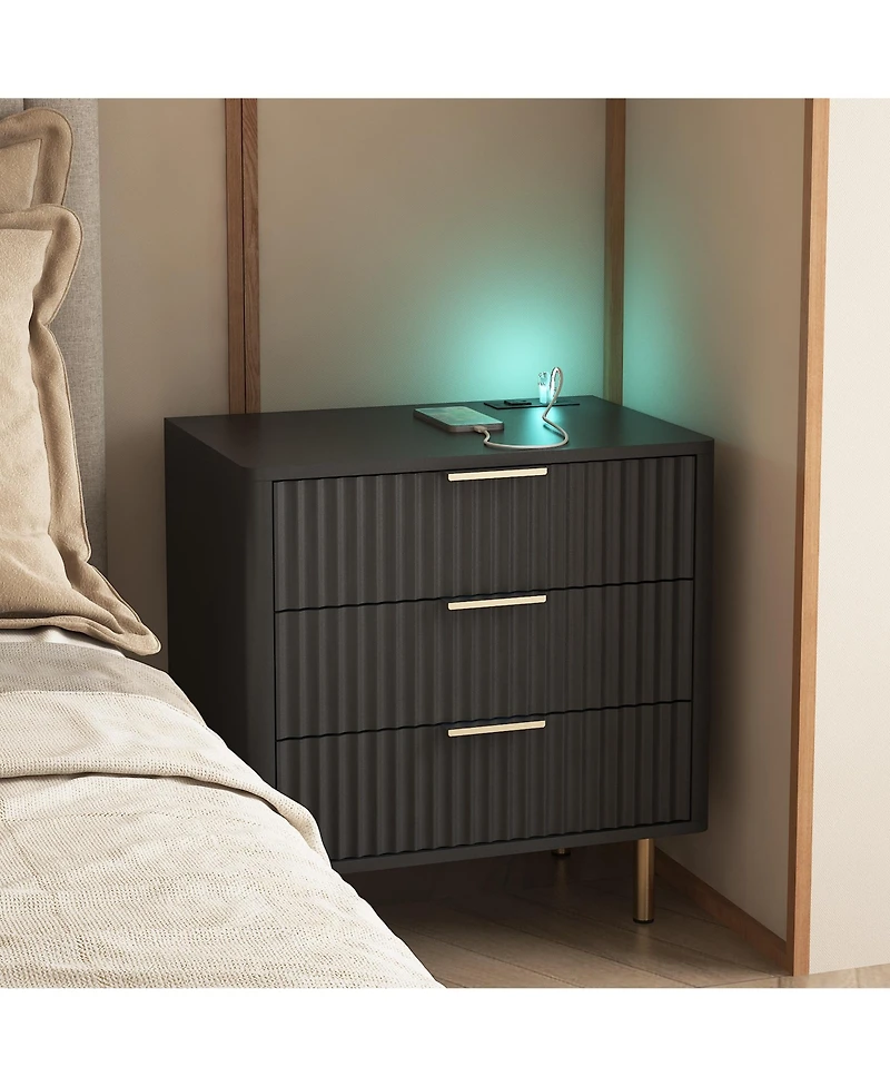 Clihome Modern Nightstand with Storage Cabinet, Charging Station, Bed Table Night Light