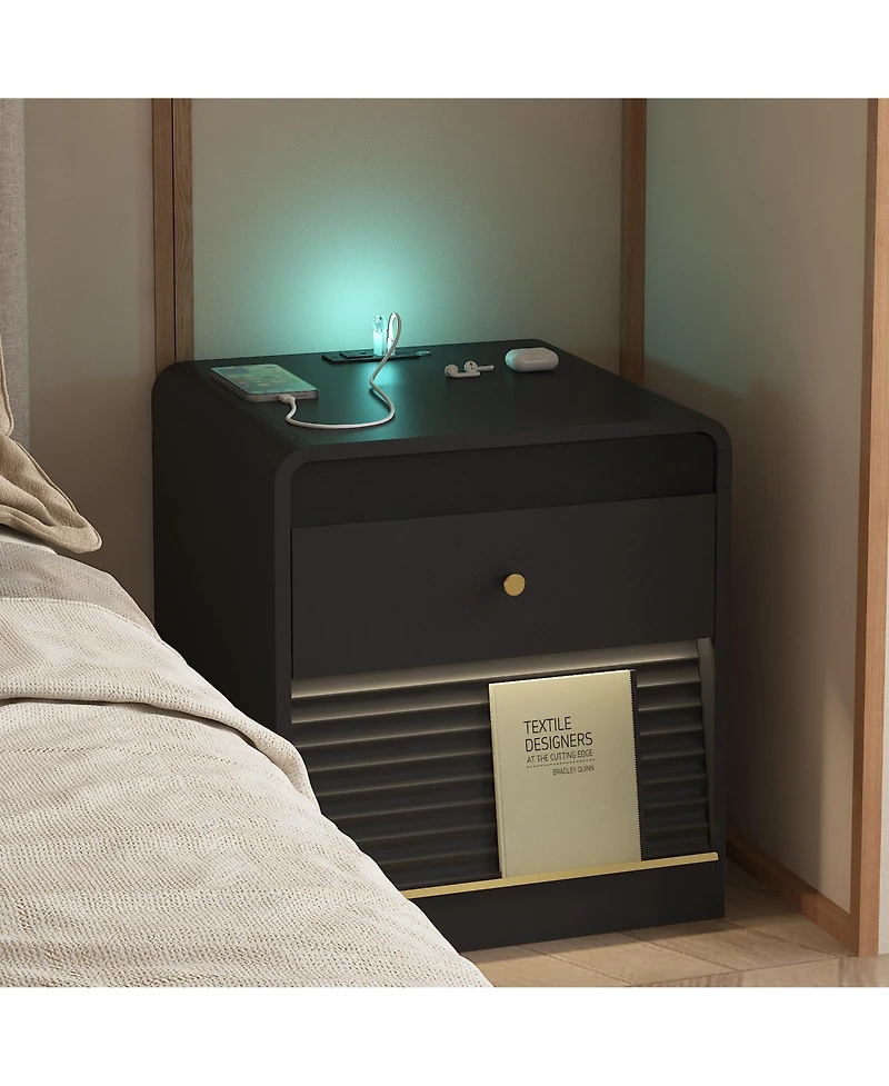 Clihome Modern Nightstand with Storage Cabinet, Bedside Tables Led Light and Charging Station