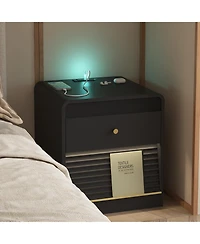 Clihome Modern Nightstand with Storage Cabinet, Bedside Tables Led Light and Charging Station