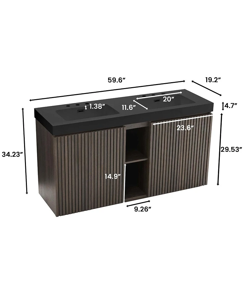 Sillysis 60 Inch Double Sink Bathroom Vanity with Quartz Top, Soft Close Fluted Doors, Adjustable Shelves, Ample Storage, Modern Design