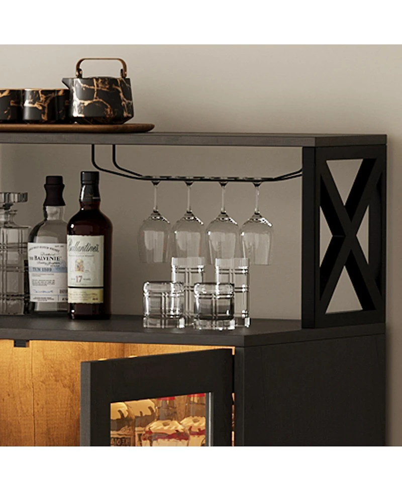 homfan Wine Bar Cabinet with Led Lights and Power Outlets Buffet Sideboard with Wine Rack and Glass Rack for Living Room