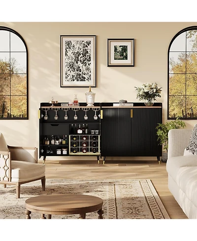 homfan Modern Fluted Wine Bar Cabinet with Glass Holder and 9-Bottle Rack, Drawer for Kitchen Dining Room Living