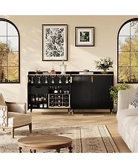 homfan Modern Fluted Wine Bar Cabinet with Glass Holder and 9-Bottle Rack, Drawer for Kitchen Dining Room Living