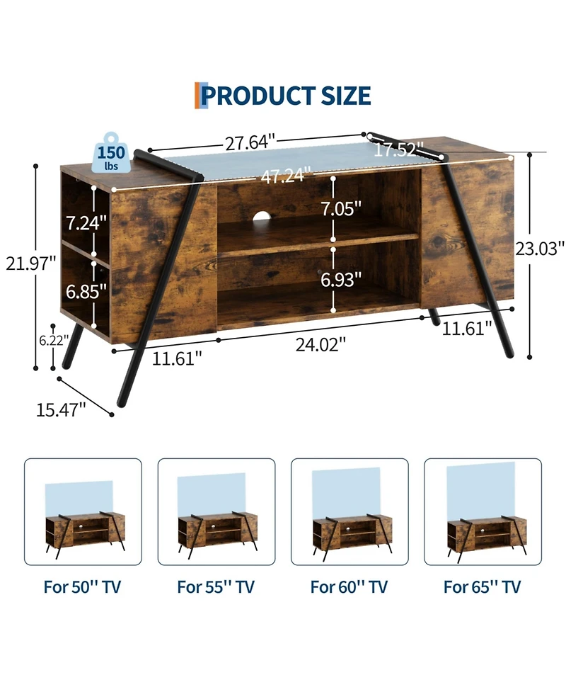 homfan Industrial Tv Stand for 47 Inch Tv, Wooden Entertainment Center, Adjustable Open Shelves, Slanted Metal Legs, Media Console