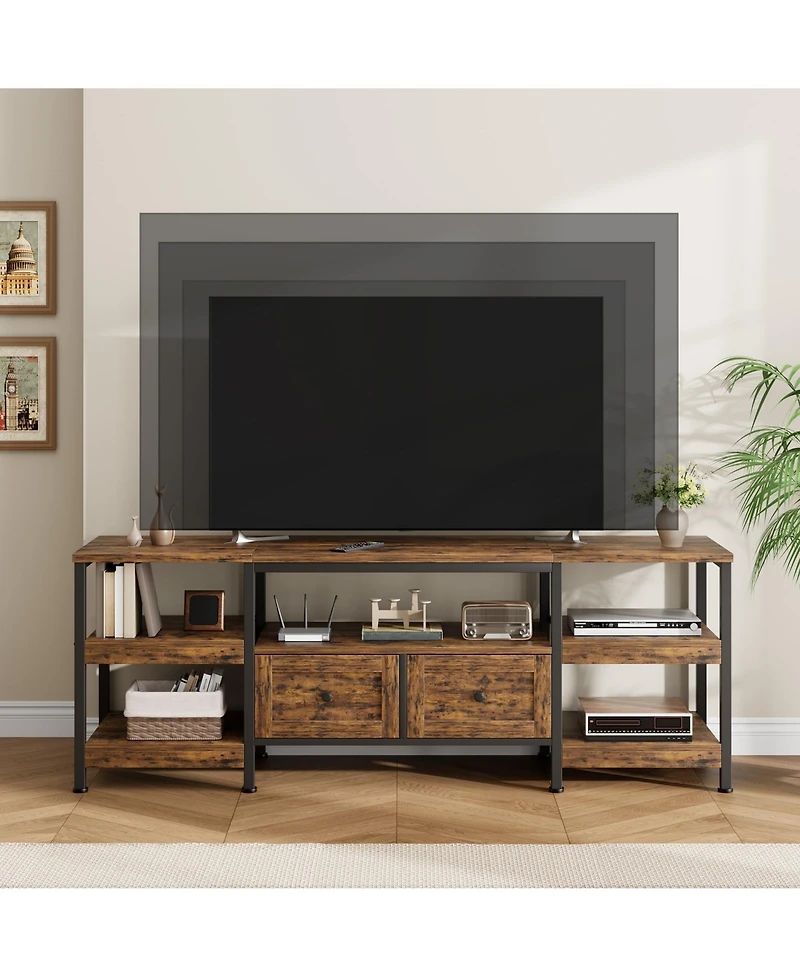 homfan Industrial Tv Stand with Metal Frame, 2 Fabric Drawers and Open Storage Shelves, Modern Living Room Entertainment Center, Fits Tv's