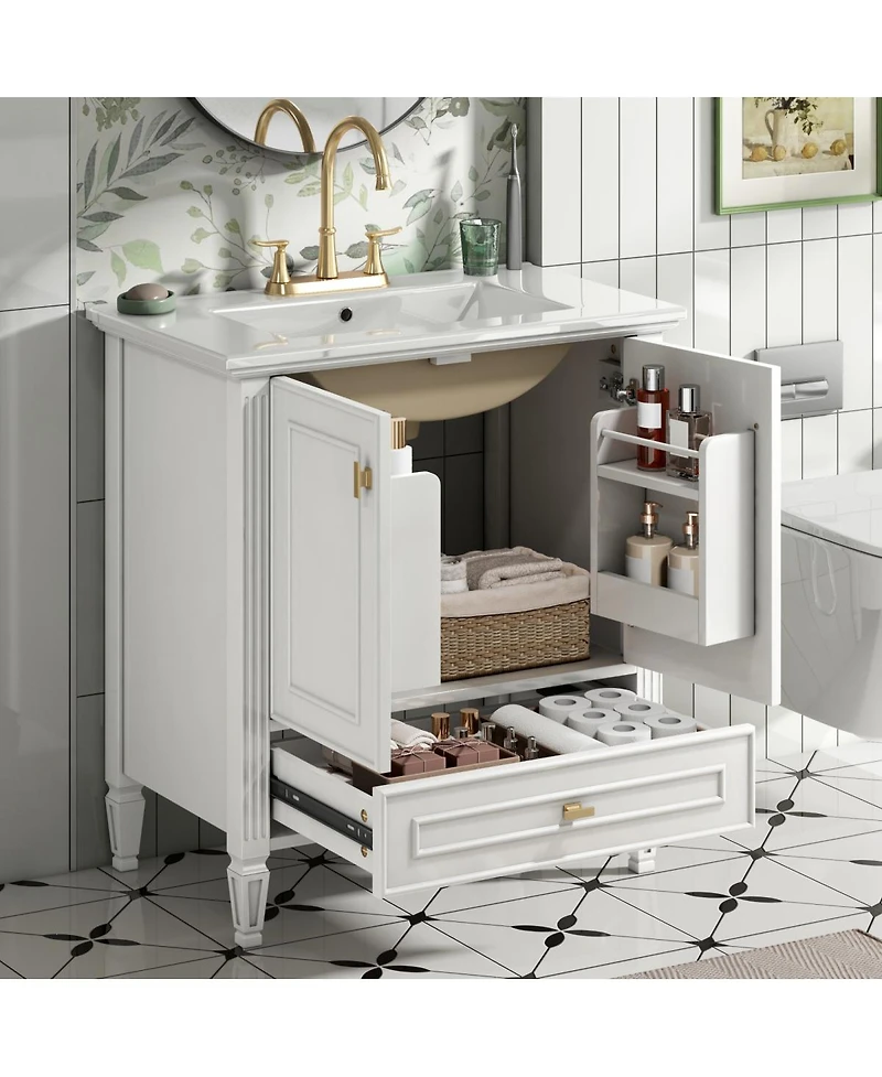 Sillysis 30 Inch Retro Bathroom Vanity with Ceramic Sink, Solid Wood Frame, Soft Close Doors and Bottom Drawer Storage