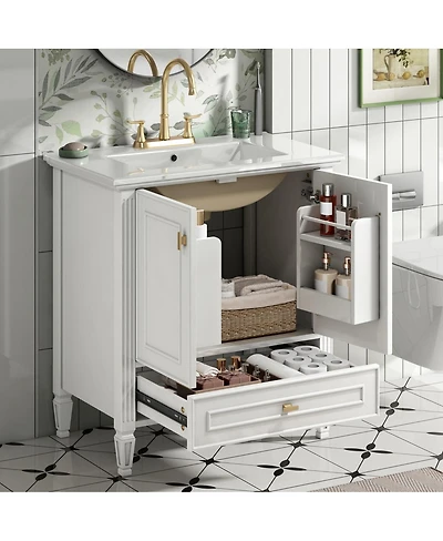 Sillysis 30 Inch Retro Bathroom Vanity with Ceramic Sink, Solid Wood Frame, Soft Close Doors and Bottom Drawer Storage