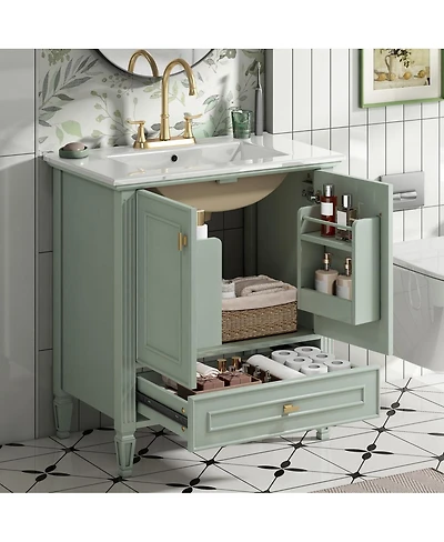 Sillysis 30 Inch Retro Bathroom Vanity with Ceramic Sink, Solid Wood Frame, Soft Close Doors and Bottom Drawer Storage