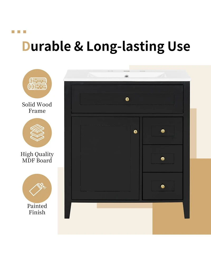 Sillysis 30 Inch Modern Bathroom Vanity with Storage Cabinet, Solid Wood Legs, Flip Drawer and Adjustable Shelves