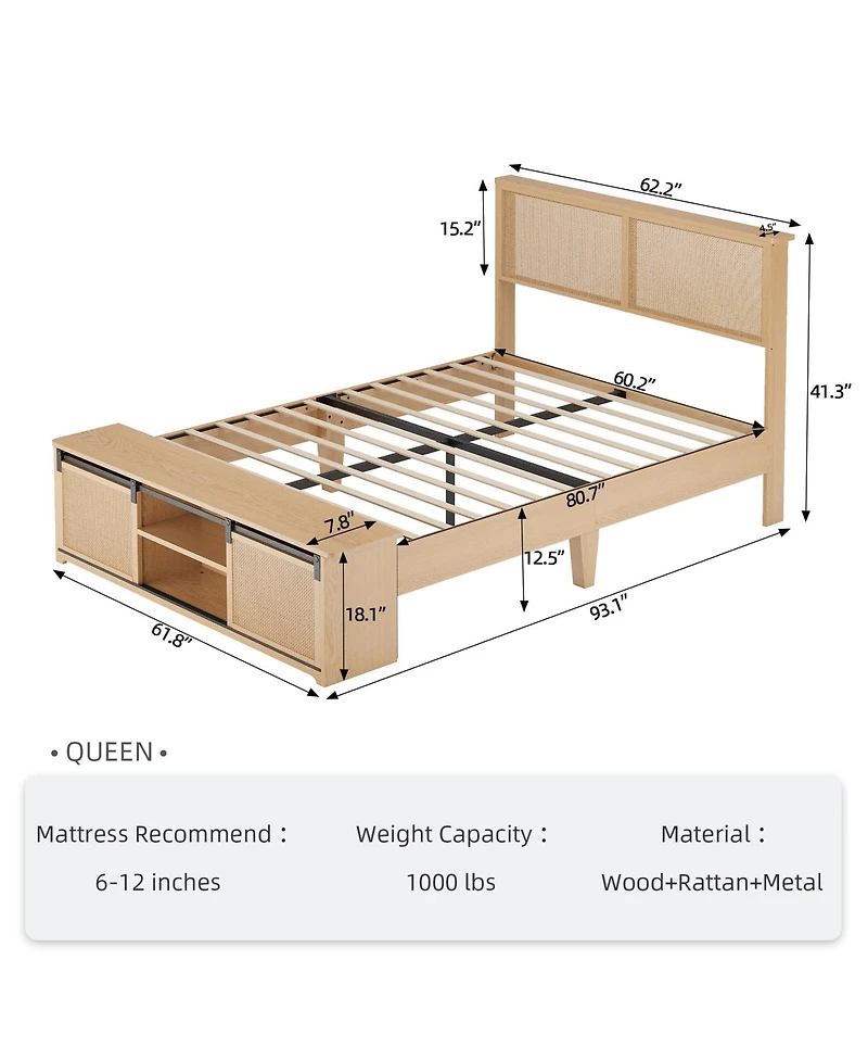 homfan Queen Size Rattan Bed Frame, Rattan Headboard, Sliding Barn Door Storage Bench, Led Light, Sturdy Wood Legs