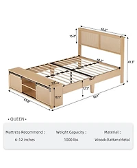 homfan Queen Size Rattan Bed Frame, Rattan Headboard, Sliding Barn Door Storage Bench, Led Light, Sturdy Wood Legs