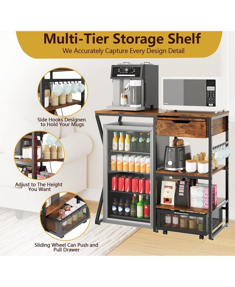 homfan 45-Inch Coffee Bar Cabinet with Mini Fridge Space Microwave Shelf Power Outlets Beverage Wine Storage Station Kitchen Pantry Organizer