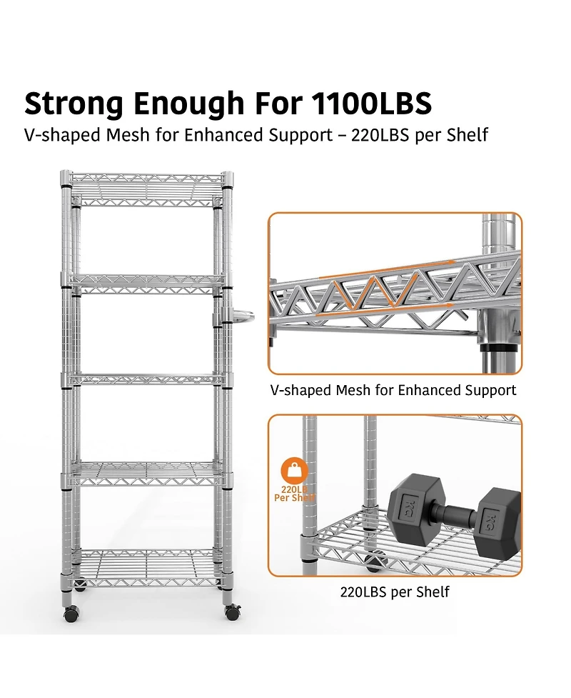 homfan Rolling Bar Cart, 61 Inch Metal Display Rack with Adjustable Shelves and Locking Wheels for Kitchen or Pantry